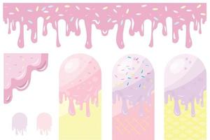 Realistic strawberry falling drops. Liquid creamy texture. Creamy liquid ice cream background with soft texture to create a sweet dessert. Vector illustration. Eps 10.