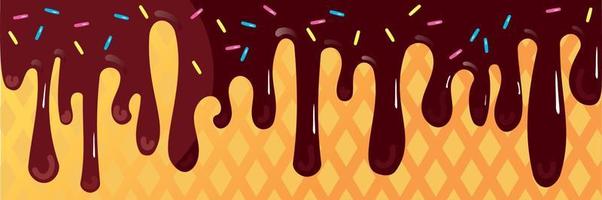 Multicolored soft ice cream with delicious soft veins. Chocolate cream melted on a waffle background. Vector illustration.