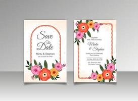 water color bouquet wedding invitation card with green watercolor leaves and watercolor flower bouquet heart frame watercolor background vector illustration