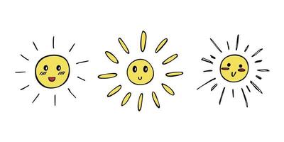 Hand drawn happy sun emoji. Summer doodle set. Vector elements for design