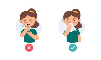 Kids Character Catching Flu. Kids Coughing and Sneezing in Right and Wrong Way Illustration vector