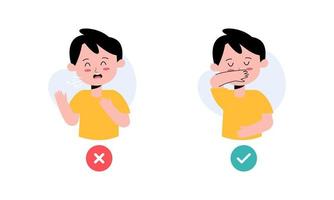 niños personaje atrapando gripe. niños tos y estornudos en Derecha y incorrecto camino ilustración vector