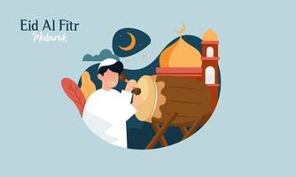 Happy Muslim People Celebrate Eid Al-Fitr Mubarak Illustration