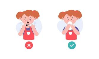 Kids Character Catching Flu. Kids Coughing and Sneezing in Right and Wrong Way Illustration vector