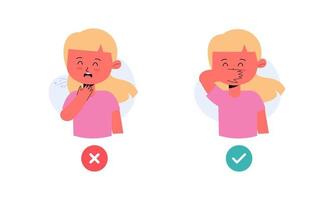 niños personaje atrapando gripe. niños tos y estornudos en Derecha y incorrecto camino ilustración vector