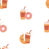 naadloos patroon. schattig koffie, donut en croissant png