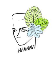 Outline beautiful lady portrait, t-shirt print template. Hand drawn female face with tropical flowers. Havana. vector