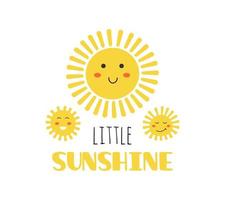 Little sunshine quote, t-shirt print template. Hand drawn lettering phrase. Sun kawaii character. vector