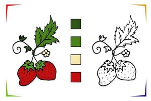 Strawberrie Coloring Page. Vector Educational worksheet colored by sample. Paint game preschool kids