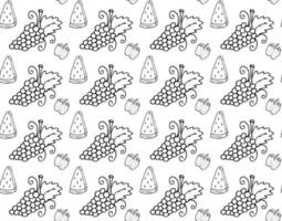 Grape strawberry watermelon Doodle seamless pattern. Vector black and white outline endless image.