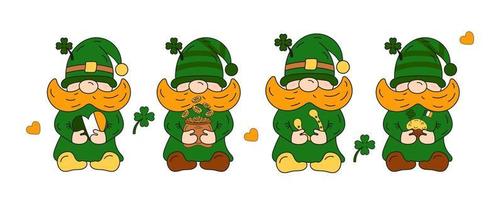 St patricks day gnomes. Doodle Draw with horseshoe, heart, cupcake, pot of money vector illustration