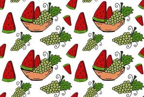 Grape and watermelon on the plate seamless pattern. Doodle colorful Vector image endless.
