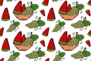 Grape and watermelon on the plate seamless pattern. Doodle colorful Vector image endless.