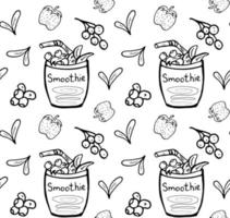 Smoothies with berries seamless pattern. Blueberry, strawberry, currant Black and white vector image