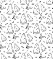 Watermelon and leaves Doodle seamless pattern. Vector black and white outline endless image.