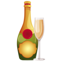 bicchiere e bottiglia di Champagne, scintillante vino, prosecco illustrazione. cartone animato isolato elegante bottiglia con oro etichetta e 2 bicchieri per contento compleanno, Natale e nuovo anno saluti png