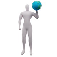 3d illustration of a stickman saving the earth by holding the earth in his left hand. png