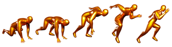 3d run bronze stickman figure. Body postures from start to run. With a slightly sideways view png