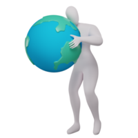 3d illustration of stickman hugging the earth. png