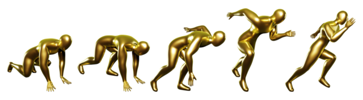 3d correre oro stickman figura. corpo posture a partire dal inizio per correre. con un' leggermente lateralmente Visualizza png