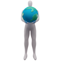 3d illustration of stickman holding earth in front of chest with both hands. png