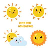 Set of hand drawn funny cute sun icon illustration, Cartoon sunny smiling faces icons, Bright yellow sun cute character with smile vector illustration,  Funny summer sunshine,