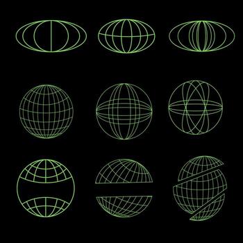 retro globe element, green globe y2k style on black background vector