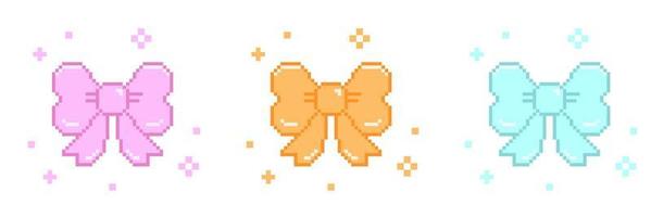 Ribbon in pixel art style, ribbon pixel art icon present bow with sparkle star pixel art vector
