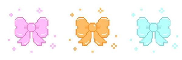 Ribbon in pixel art style, ribbon pixel art icon present bow with sparkle star pixel art vector