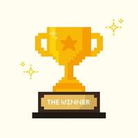 Pixel golden trophy, the winner trophy cup pixel art with sparkle star vector