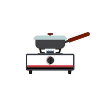 frying pan on gas stove flat design vector illustration isolated on white background. Vector illustration of kitchen utensils in cartoon simple flat style.