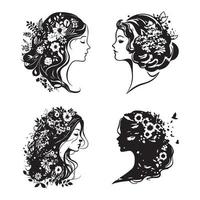 silueta de un mujer con con flores en su hermosa pelo negro contorno vector ilustración.