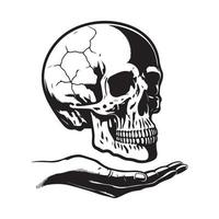 old broken Skull on hand vector black outline isolated on white background. skull icon, logo vector