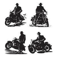 Mafia riding motorcycle, bike vector black silhouette isolated on white background. Detective on motorcycle Silhouette icon, logo vector