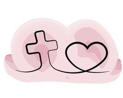 Christian icon Cross and heart in one line in watercolor vector