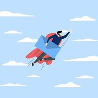 Email Communication concept, businessman superhero carrying big email envelope flying to recipient address, marketing campaign from subscription, sending message or information concept. vector