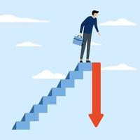 investment or economic recession, frustrated businessman investor climbing ladder with downward arrow above. Stock market decline in crisis or bubble burst, career deadlock or financial risk concept. vector