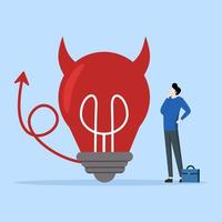 evil and negative opinion concept, confused businessman looking at devil light bulb doubting this bad idea. Bad ideas lead to problems and failures, bad ideas, the disappointment of being rejected. vector