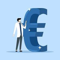 inversión análisis o análisis de gastos y gasto concepto, inteligente médico con estetoscopio a escucha y analizar euro dinero símbolo. financiero analista a examinar el europeo moneda economía. vector