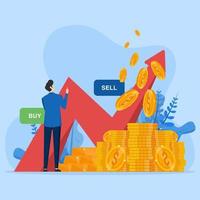 Stock trading market concept, pile of coins, rising chart, rising stock price concept, researching global market, rising and falling graph of global business. vector