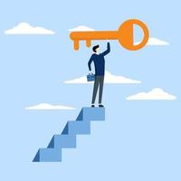 Keys to business success concept, winning businessman walking up ladder lifting golden key of success to sky, ladder to find secret key or achieve career target concept. vector