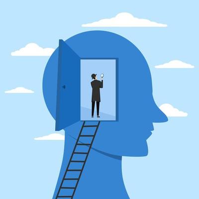 Psychology concept and mindset, detective man climbing human brain to investigate problem, deep thinking or mental health diagnosis, brain intelligence or depression, emotion or cognitive concept.