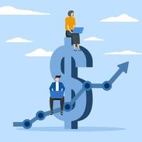 financial analysis concept, character working with computer laptop on dollar sign money with up graph. Income growth or increase in investment returns, income or wealth accumulation, income growth. vector