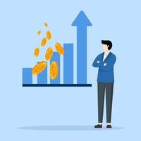 Revenue growth, achieving success, increasing efficiency concept, businessman standing arrow graphic. Business Analyst, Financial Literacy Background. Data science banner template. vector