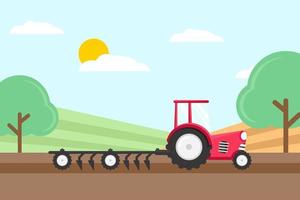 Farm tractor, green agricultural, field, rural feel, flat design vector illustration