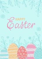 Happy Easter congratulation card template. Hand drawn vector illustration with eggs, flowers and lettering for greeting cards, posters, holiday covers.