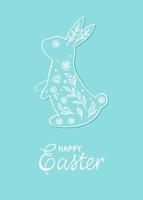 Happy Easter congratulation card template. Hand drawn monochrome vector illustration with rabbit and lettering for greeting cards, posters, holiday covers.