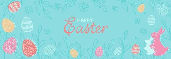 Happy Easter banner. Hand drawn vector illustration with rabbit, eggs, twigs, flowers and lettering for paty Easter design in pastel colors. Good for horizontal poster, greeting card, header.