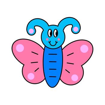 Funny cartoon character. Design element in retro style isolated on white background. Vector illustration of butterfly with faces.