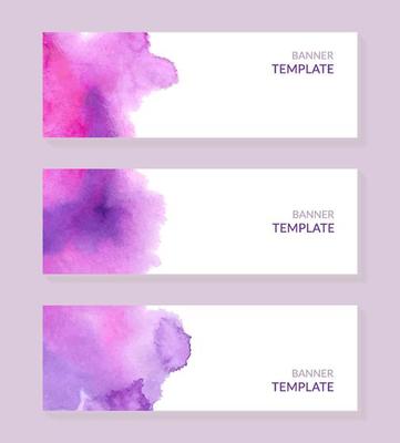 Set of three watercolor horizontal banners. Abstract headers with purple blots.